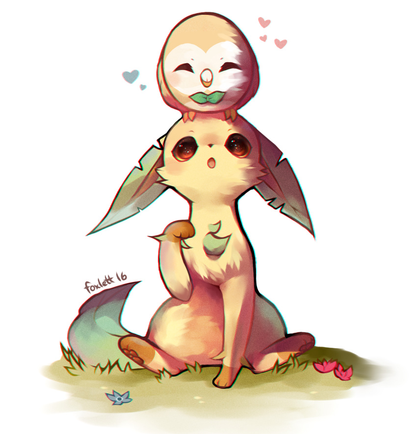 artist_name, bird, blue_flower, blush, brown_eyes, closed_eyes, dated, flower, foxlett, full_body, gen_4_pokemon, gen_7_pokemon, grass, hand_up, heart, highres, leafeon, light_blush, looking_at_another, looking_up, open_mouth, owl, pawpads, pokemon, pokemon_(creature), red_flower, rowlet, signature, simple_background, sitting, sitting_on_head, sitting_on_person, spread_legs, white_background