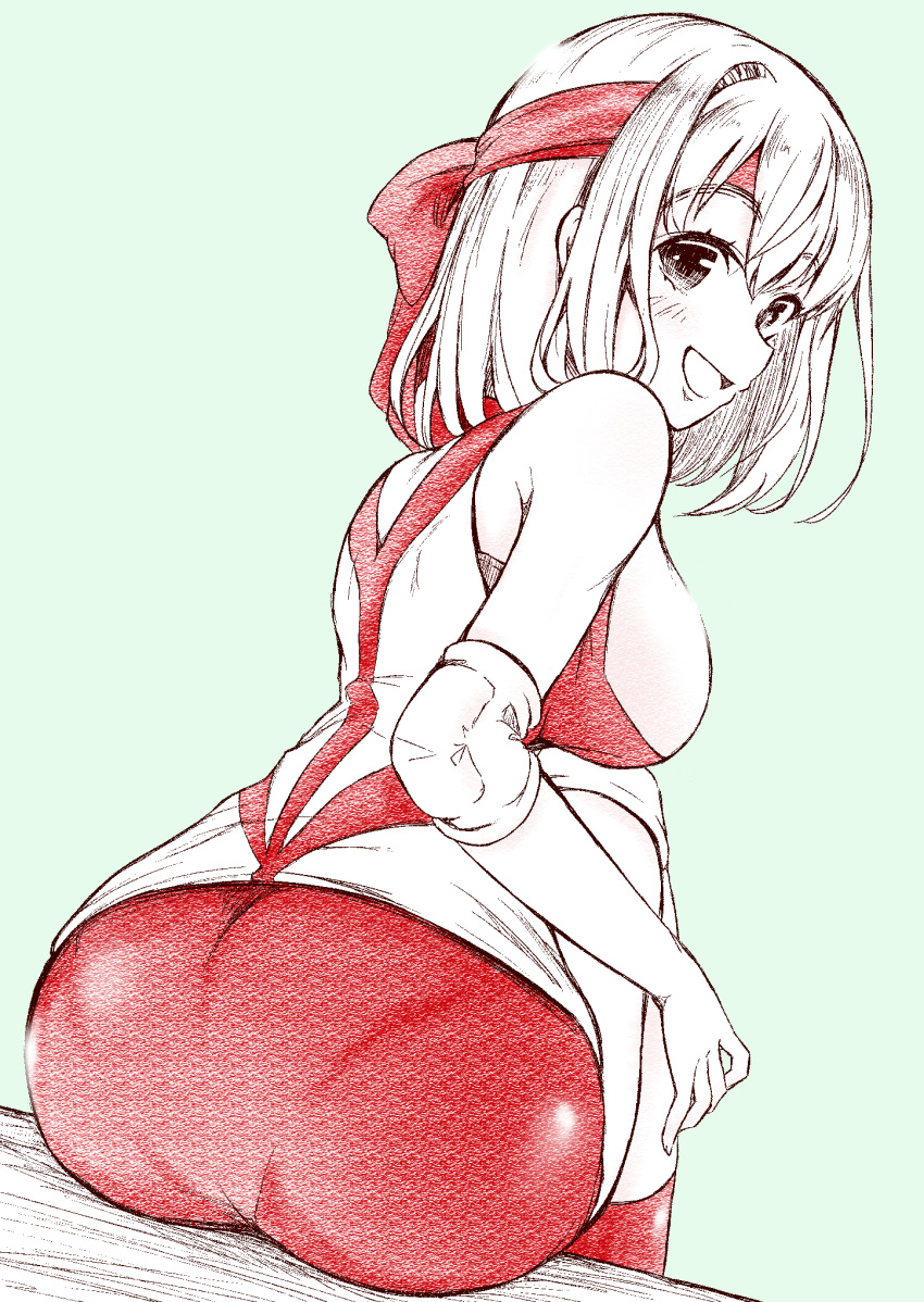 1girl, aqua_background, ass, bandana, bare_shoulders, breasts, commentary_request, elbow_pads