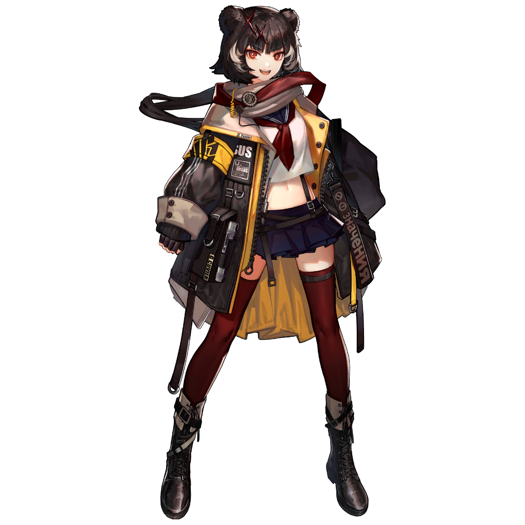 1girl, :d, animal_ears, arknights, bangs, bear_ears, black_footwear, black_gloves