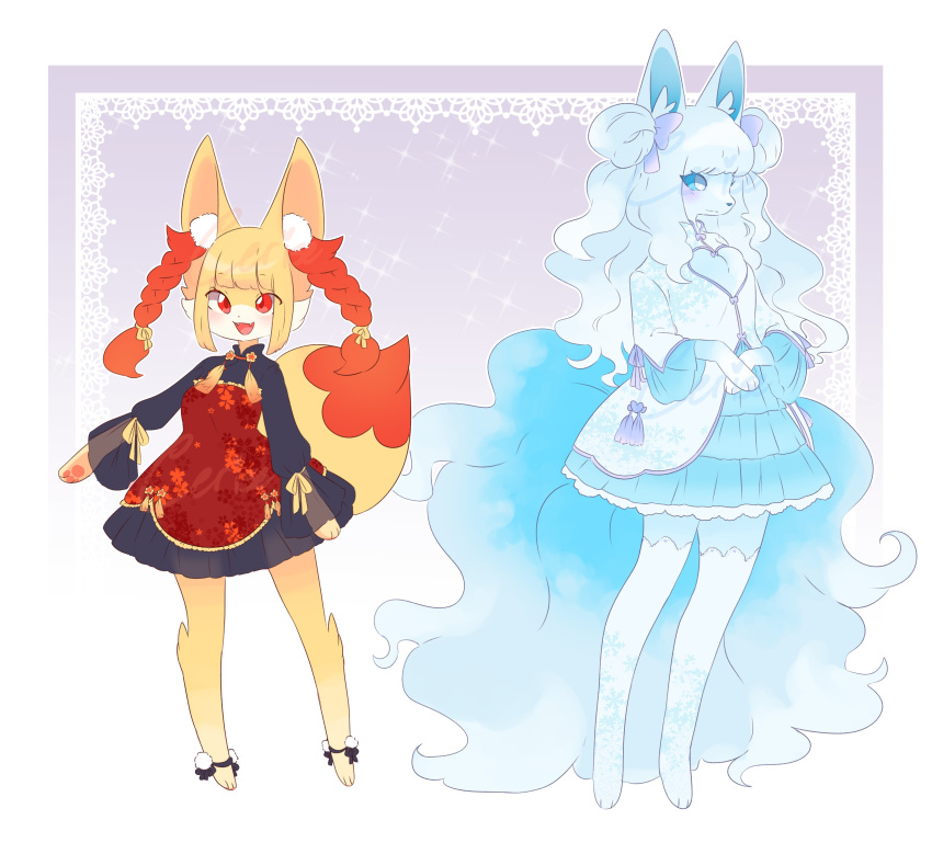 2girls, :3, absurdres, alolan_form, alolan_ninetales, animal_ear_fluff, animal_ears, artist_name, bangs, barefoot, blonde_hair, blue_dress, blue_hair, blue_jacket, blue_sclera, blush, bow, braixen, breasts, cerise, chinese_clothes, cleavage_cutout, closed_mouth, double_bun, dress, english_commentary, eyebrows_visible_through_hair, fangs, fox_ears, fox_tail, frilled_dress, frills, full_body, gen_6_pokemon, gen_7_pokemon, gradient, gradient_background, hair_bow, hands_together, happy, highres, jacket, jpeg_artifacts, light_blush, long_hair, long_sleeves, looking_at_viewer, multiple_girls, open_mouth, outline, pawpads, paws, personification, pokemon, pokemon_(creature), purple_background, purple_bow, red_dress, red_eyes, see-through, shiny, shiny_hair, short_hair, signature, small_breasts, smile, standing, tail, thigh-highs, tied_hair, watermark, white_eyes, white_legwear, white_outline, zettai_ryouiki