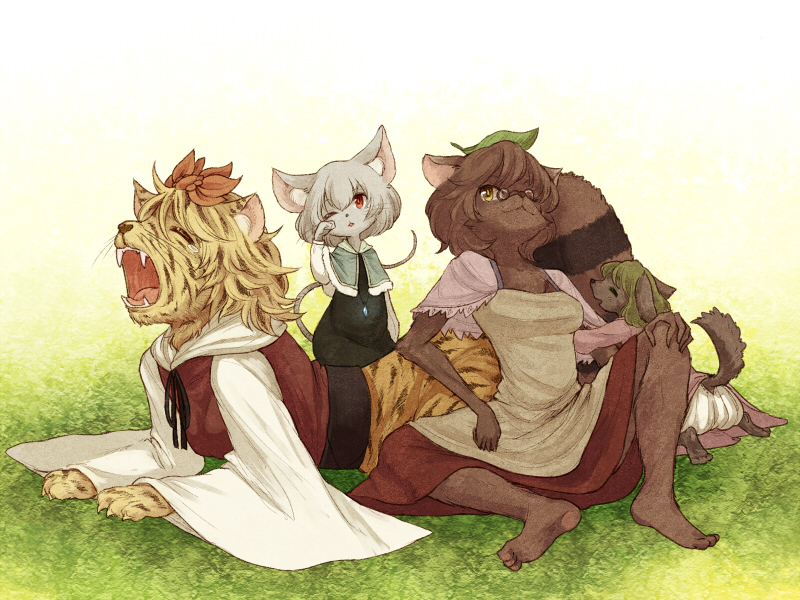 4girls, animal, animal_ears, bangs, black_ribbon, bloomers, brown_dress, capelet