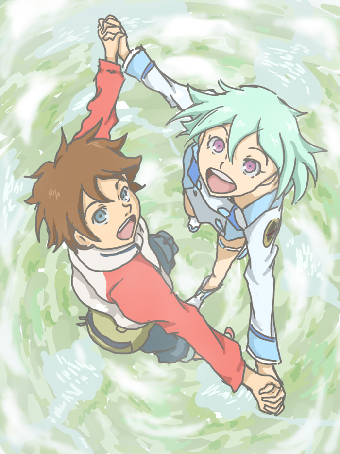 eureka_7, eureka_seven, eureka_seven_(series), flying, hand_holding, happy, hirasawa_meio, holding_hands