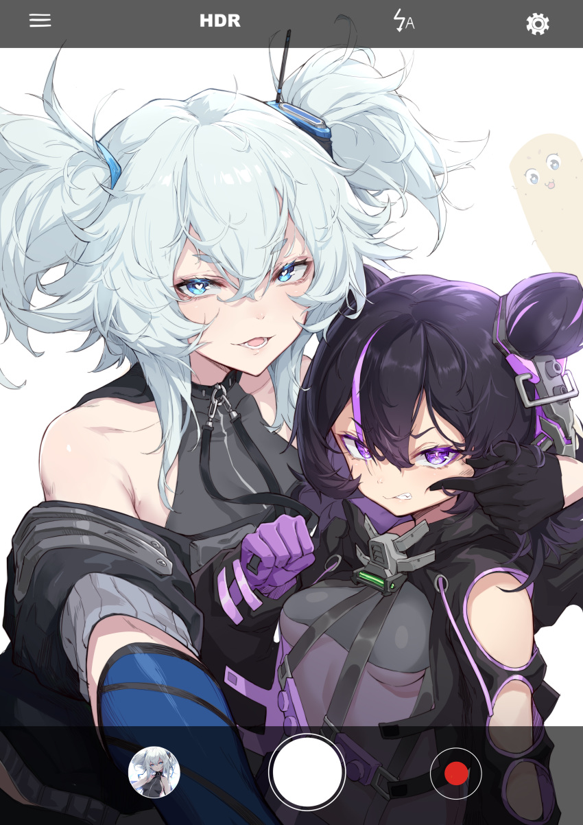 1other, 2girls, absurdres, annoyed, aqua_eyes, aqua_hair, camera_lens, cellphone, cellphone_camera, cheek_poking, clenched_teeth, double_bun, girls_frontline, grabbing, heart, heart-shaped_pupils, highres, kac-pdw_(girls_frontline), multicolored_hair, multiple_girls, pa-15_(girls_frontline), phone, poking, purple_hair, see-through, shanyao_jiang_tororo, simple_background, symbol-shaped_pupils, taking_picture, teeth, two-tone_hair, two_side_up, violet_eyes
