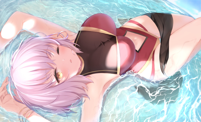 1girl, ;o, armpits, arms_up, bangs, blush, breasts, casual_one-piece_swimsuit
