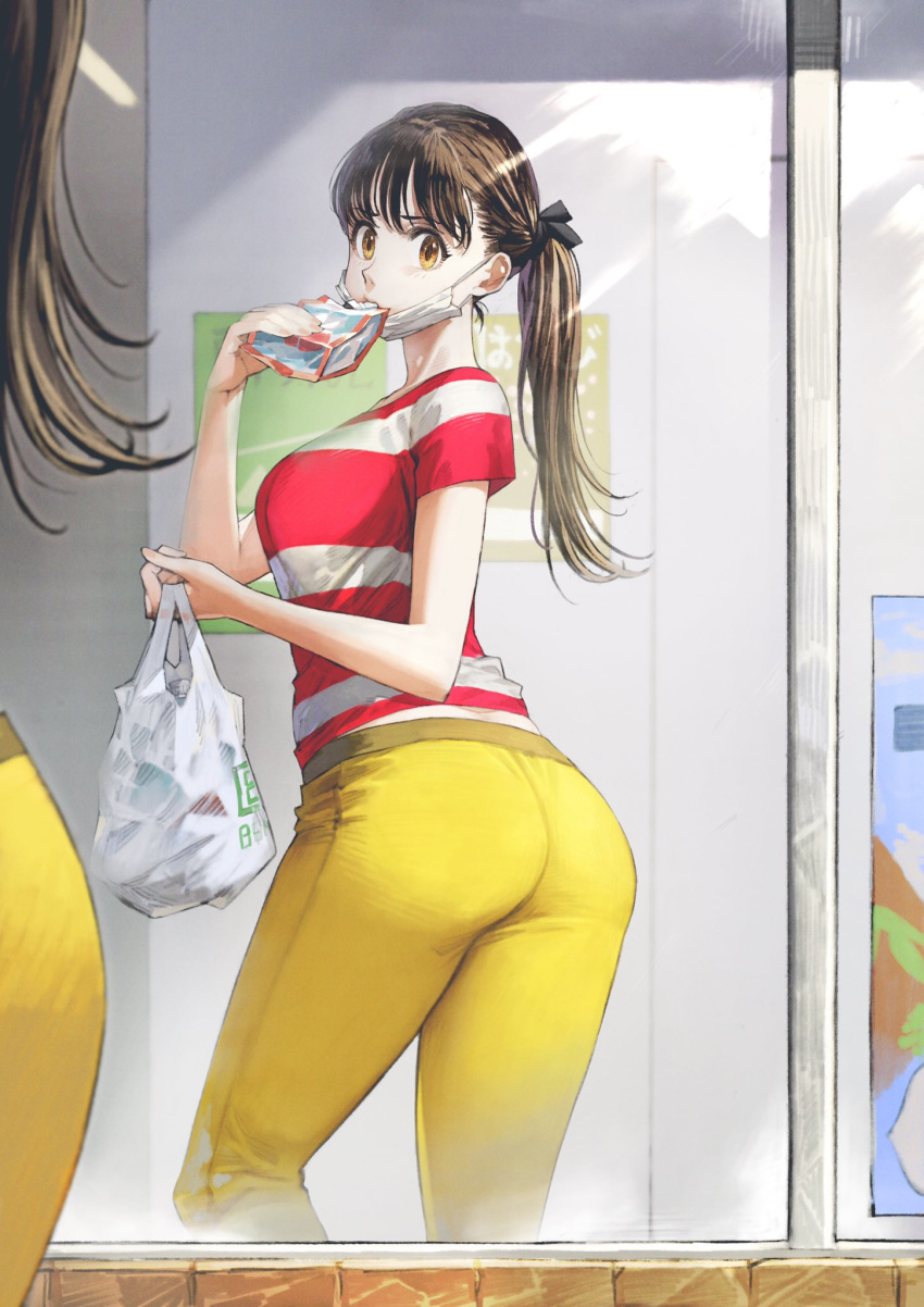 1girl, ass, bag, breasts, brown_eyes, brown_hair, commentary, cowboy_shot, drinking, eyelashes, grocery_bag, highres, holding, holding_bag, juice_box, jun_(seojh1029), long_hair, looking_at_viewer, mask, medium_breasts, midriff_peek, mirror, mouth_mask, original, pants, plastic_bag, ponytail, red_shirt, red_t-shirt, reflection, shirt, shopping_bag, short_sleeves, solo, striped, striped_shirt, surgical_mask, t-shirt, twisted_torso, yellow_pants
