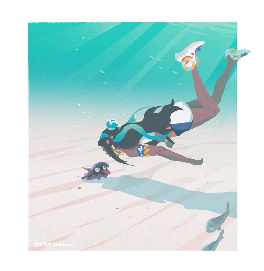 1girl, absurdres, aqua_hair, armlet, artist_name, bike_shorts, black_eyes, black_hair