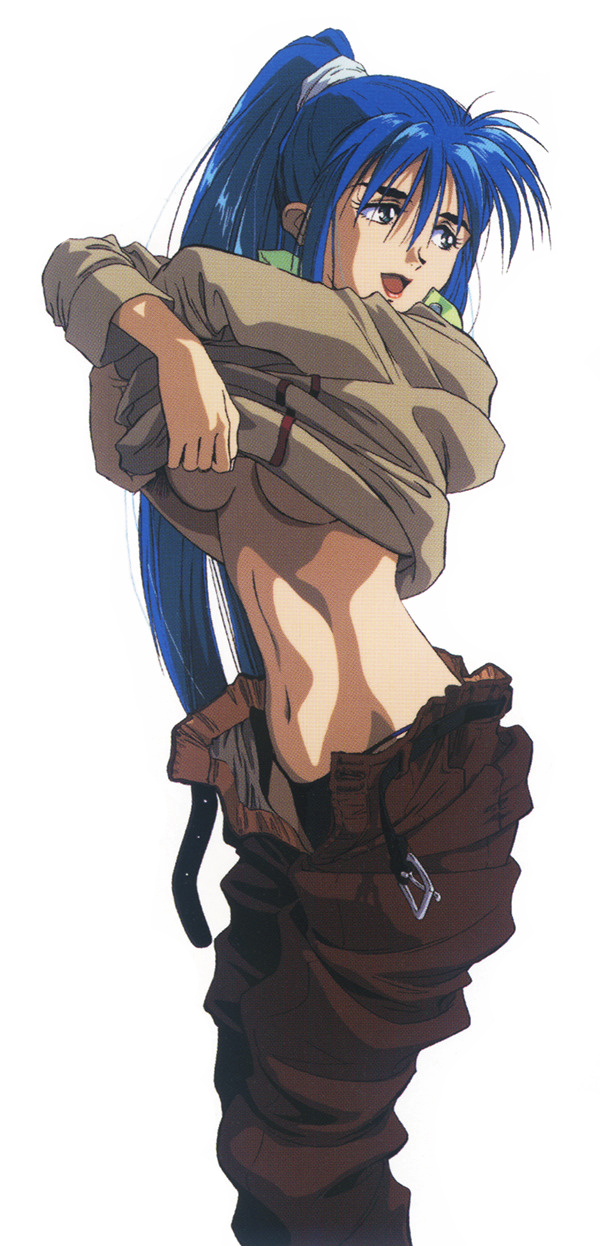 1990s_(style), 1girl, bangs, belt, black_panties, blue_eyes, blue_hair, breasts