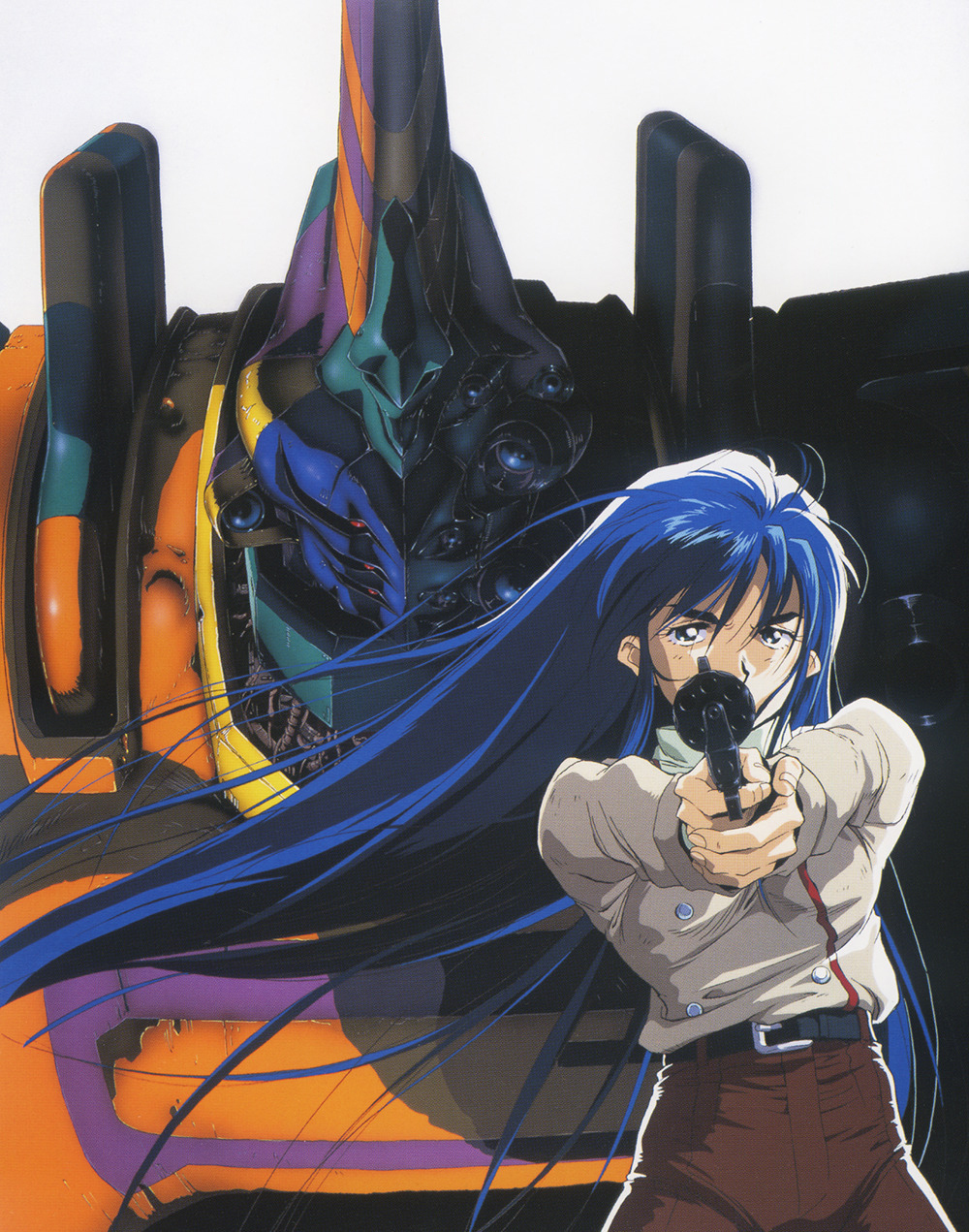 1990s_(style), 1girl, aiming_at_viewer, blue_eyes, blue_hair, grey_background, gun, handgun