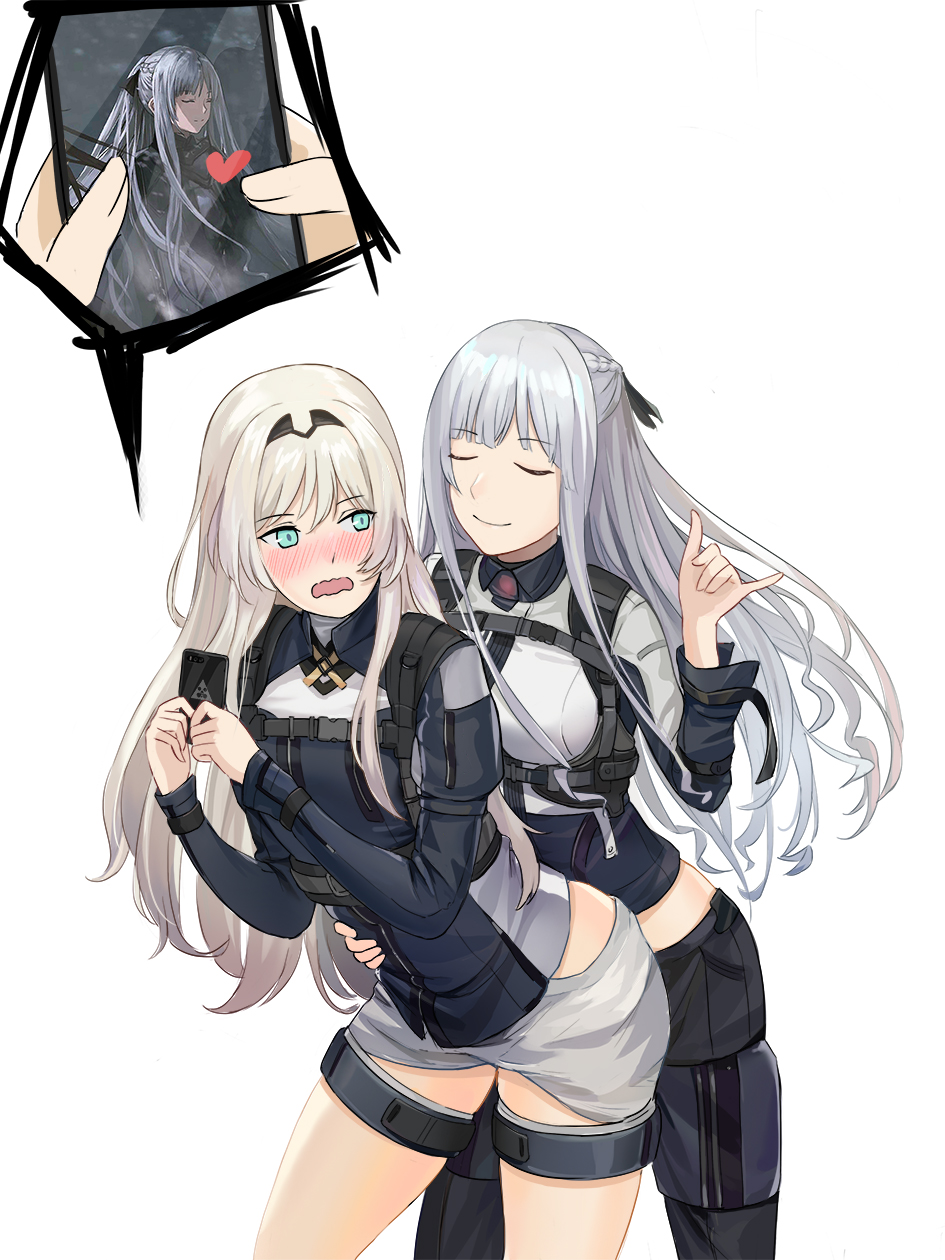 2girls, ak-12_(girls_frontline), an-94_(girls_frontline), arm_around_waist, bangs, blue_eyes, blush, braid