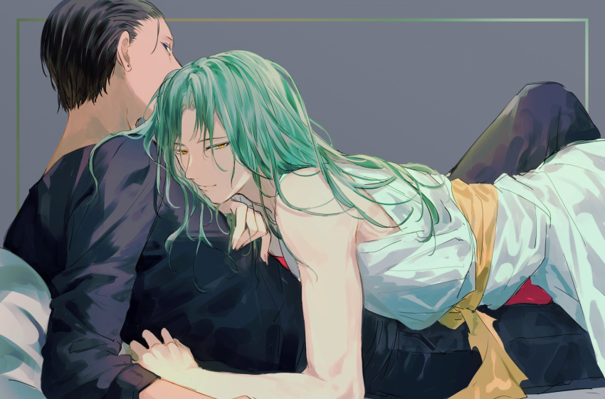1boy, araratake, black_hair, blue_eyes, cowboy_shot, dark_skin, earrings, green_hair, highres, itsuki_(yuu_yuu_hakusho), jewelry, long_hair, looking_at_viewer, lying, lying_on_person, male_focus, on_stomach, sensui_shinobu, simple_background, yaoi, yellow_eyes, yuu_yuu_hakusho