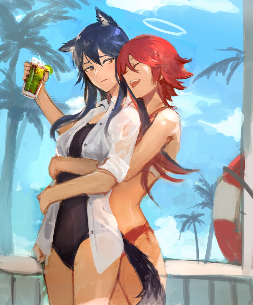 2girls, ^_^, ^o^, alternate_costume, animal_ears, arknights, bare_legs, bikini