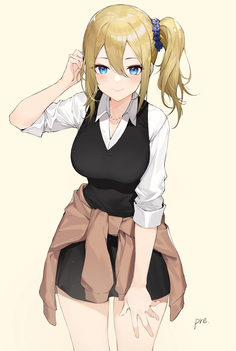 1girl, adjusting_hair, black_skirt, black_vest, blonde_hair, blue_eyes, blue_scrunchie, blush