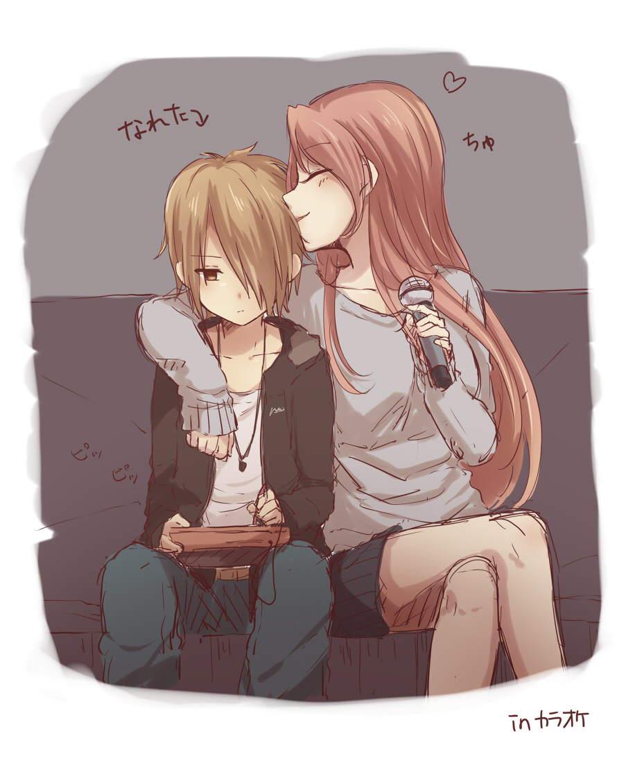 2girls, arm_around_shoulder, bangs, black_hoodie, blonde_hair, blush, breasts, brown_eyes, closed_eyes, closed_mouth, collarbone, couch, denim, forehead_kiss, grey_background, grey_sweater, heart, holding_tablet_pc, hood, hoodie, jackie012, japanese_clothes, jeans, jewelry, karaoke, kimono, kiss, light_brown_hair, long_hair, long_sleeves, looking_at_object, medium_breasts, microphone, multiple_girls, necklace, one_eye_covered, original, pants, pleated_skirt, shirt, short_hair, sidelocks, simple_background, sitting, skirt, small_breasts, smile, sweater, translation_request, very_long_hair, white_shirt, wife_and_wife, yuri