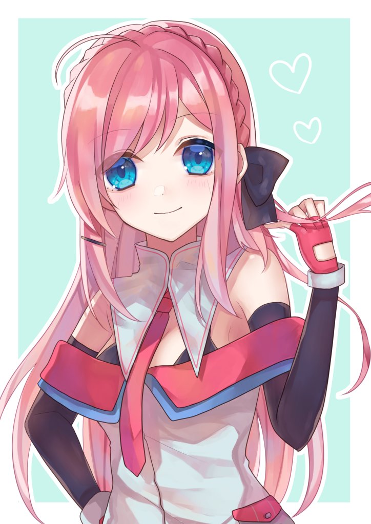 1girl, ahoge, atlanta_(azur_lane), azur_lane, bangs, bare_shoulders, blue_eyes, blush, braid, commentary_request, crown_braid, eyebrows_visible_through_hair, fingerless_gloves, gloves, hair_ribbon, long_hair, looking_at_viewer, necktie, ougi_(u_to4410), pink_hair, ribbon, shirt, smile, solo, swept_bangs