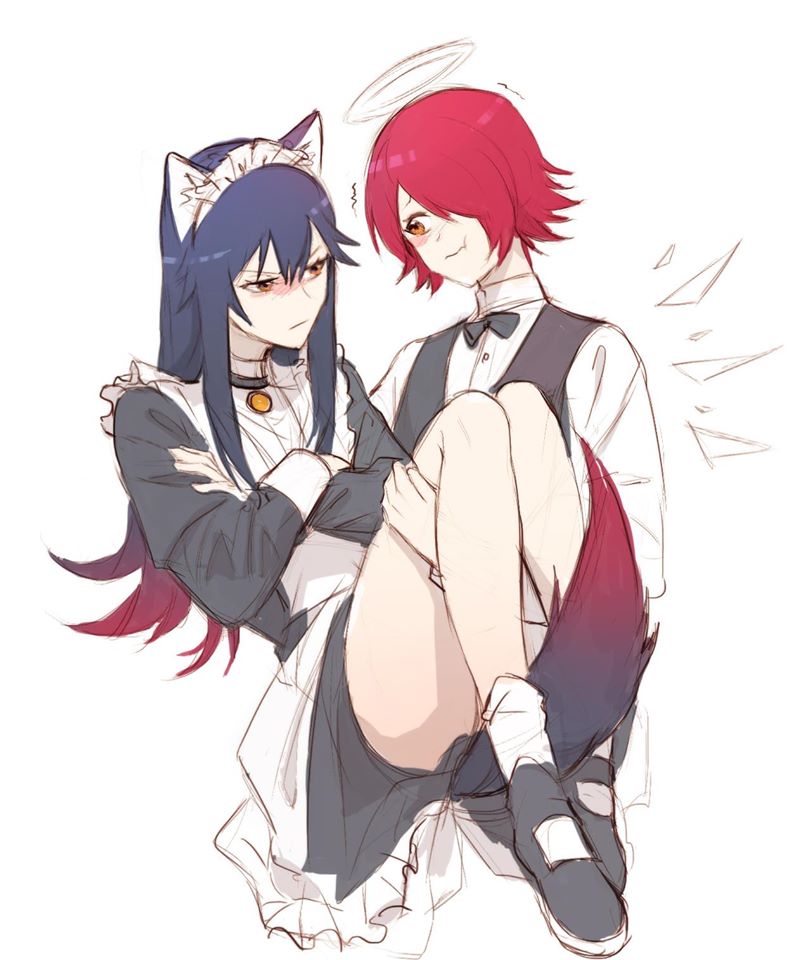 2girls, :t, alternate_costume, angry, animal_ears, apron, arknights, bangs