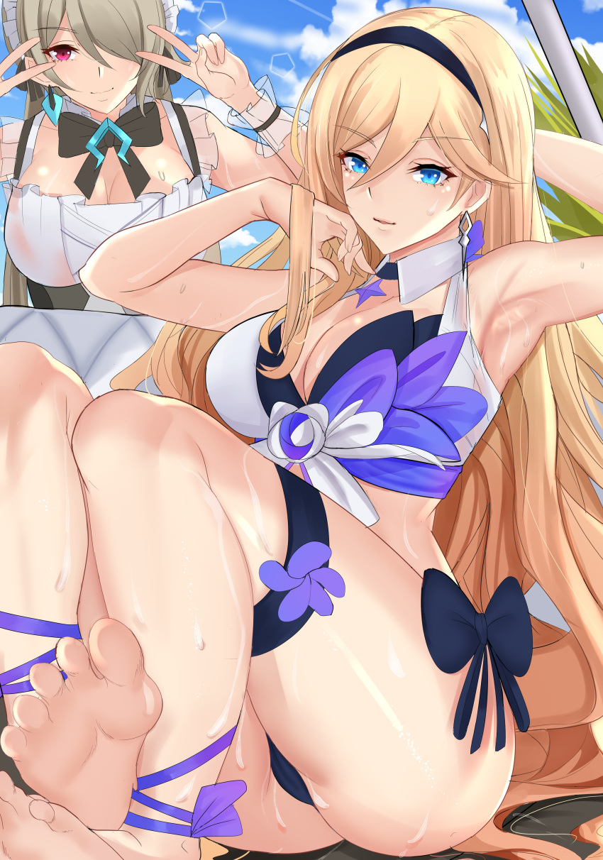 2girls, absurdres, armpits, barefoot, bianka_durandal_ataegina, bikini, blonde_hair, blue_eyes