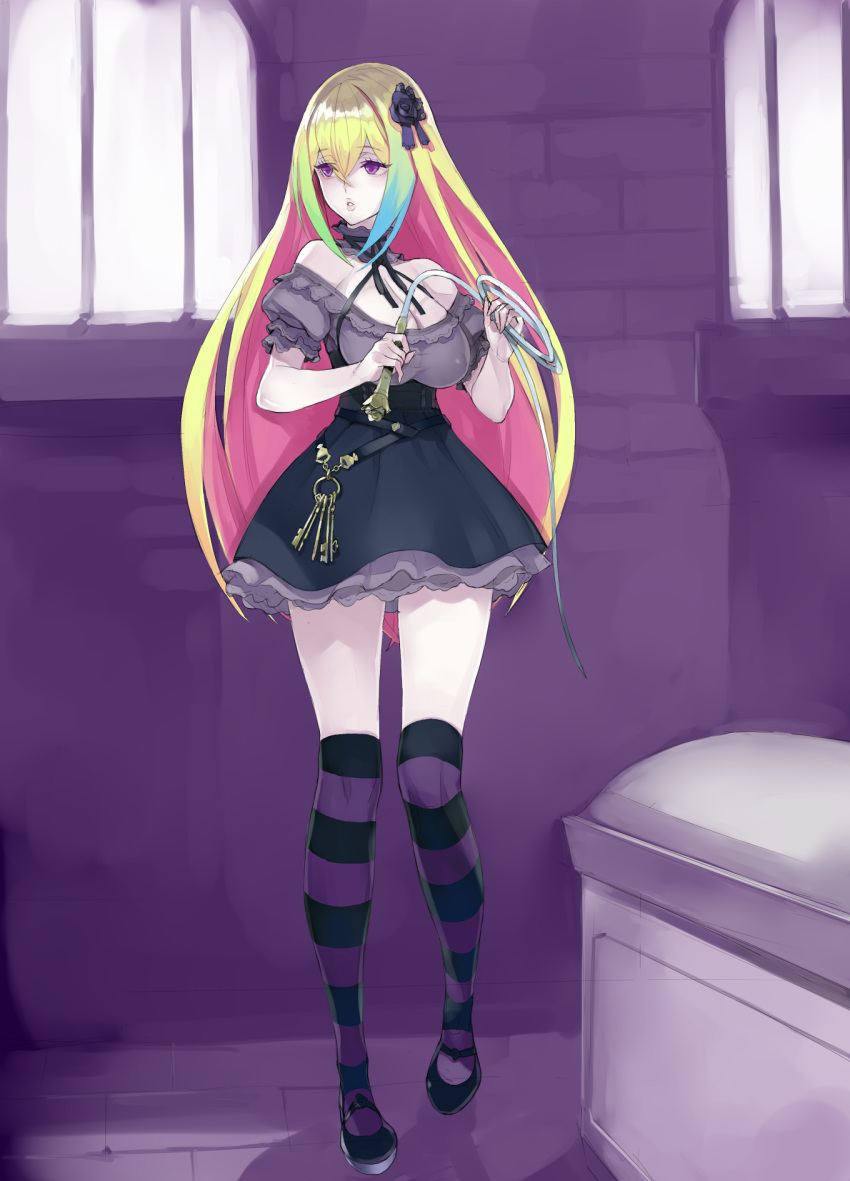 1girl, bags_under_eyes, barred_window, black_footwear, black_legwear, black_ribbon, blonde_hair, breasts
