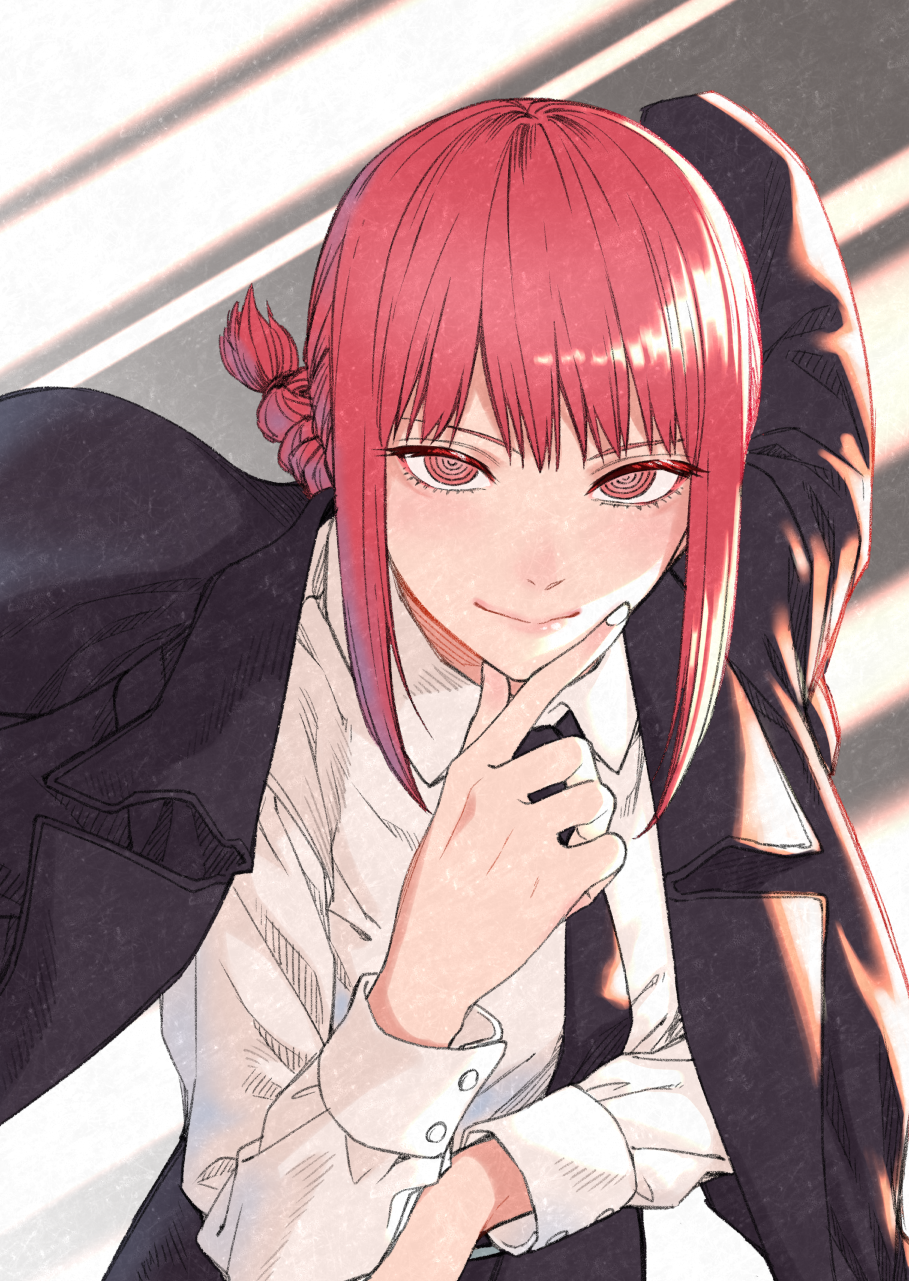 1girl, aisu_reizou, bangs, black_jacket, black_neckwear, black_pants, braid, braided_ponytail