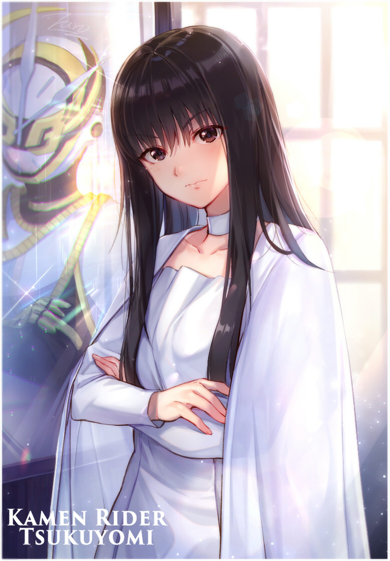 1girl, backlighting, bangs, black_hair, bodysuit, brown_eyes, character_name, choker