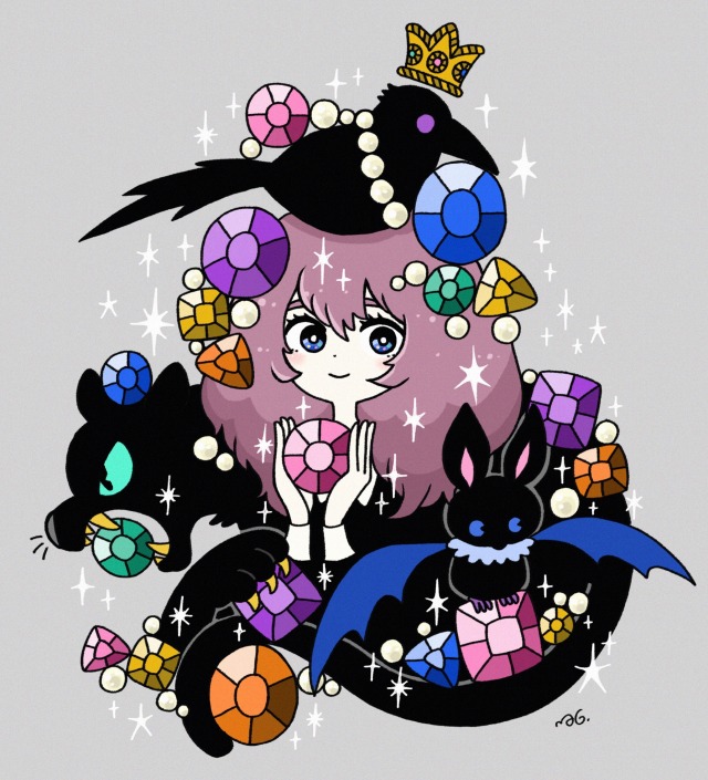 1girl, animal_on_head, bat, bird, bird_on_head, black_bird, black_cat, blue_eyes