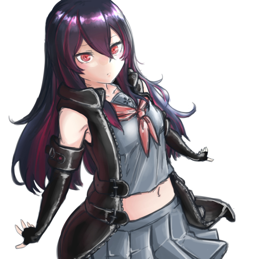 1girl, absurdres, armpits, black_coat, black_hair, blouse, blush, breasts, coat, collarbone, colored_inner_hair, colored_pencil_(medium), cowboy_shot, elbow_gloves, eyebrows_visible_through_hair, fleur_de_lis, genderswap, genderswap_(mtf), gloves, grey_blouse, grey_skirt, hair_between_eyes, highres, koutyamochi, long_hair, medium_breasts, midriff, miniskirt, multicolored_hair, neckerchief, pink_hair, pleated_skirt, red_eyes, red_neckwear, ren_(witch's_weapon), school_uniform, simple_background, skirt, solo, traditional_media, unzipped, white_background, witch's_weapon