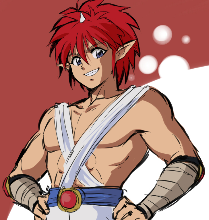 1boy, chest, collarbone, fang, hands_on_hips, horns, jin_kaze_tsukai, looking_at_viewer