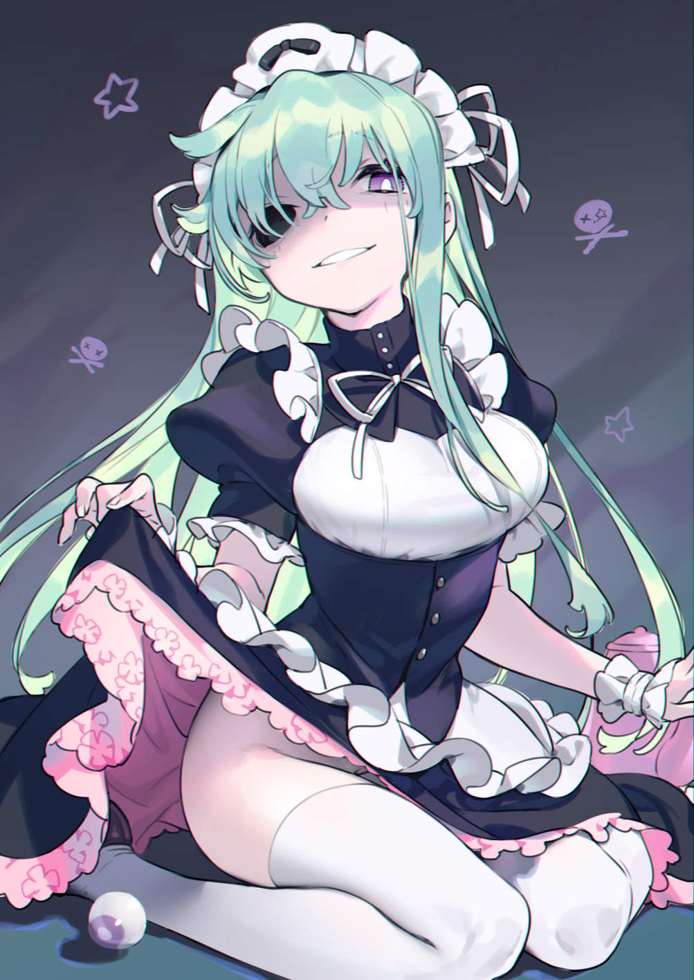 1girl, apron, bangs, black_dress, breasts, brown_footwear, bukurote, dress