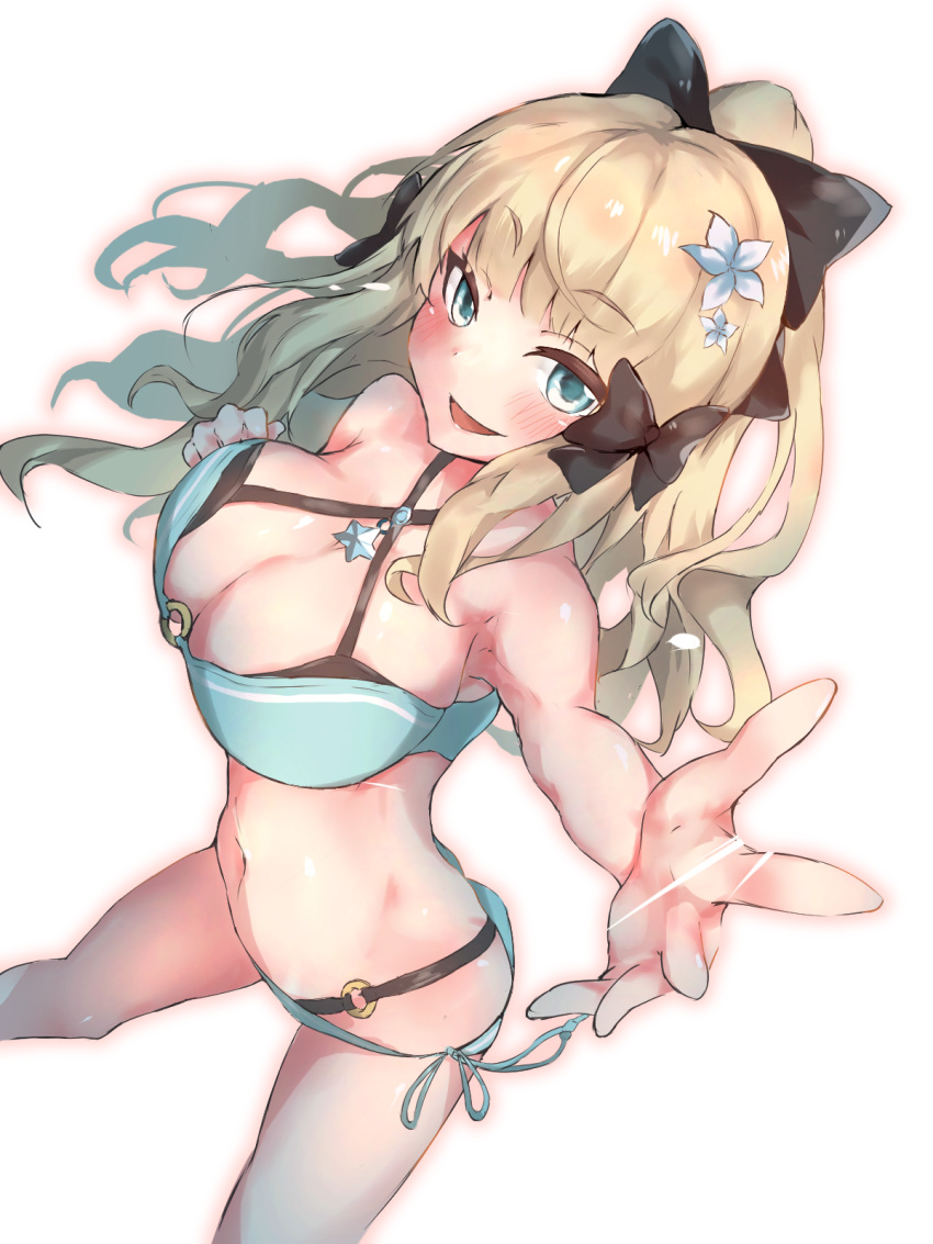 1girl, bangs, bikini, black_bow, blonde_hair, blue_eyes, blush, bow