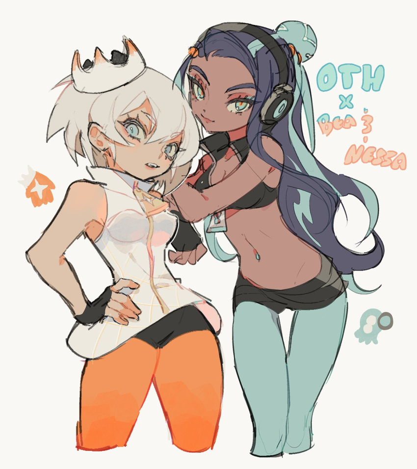 2girls, blue_eyes, cosplay, cowboy_shot, crown, dark_skin, eyebrows_visible_through_hair, grey_hair, gym_leader, hair_between_eyes, highres, long_hair, looking_at_viewer, marina_(splatoon)_(cosplay), mem348, multicolored_hair, multiple_girls, navel, navel_piercing, nintendo, pantyhose, pearl_(splatoon)_(cosplay), piercing, pokemon, pokemon_(game), pokemon_swsh, rurina_(pokemon), saitou_(pokemon), short_hair, sketch, splatoon_(series), splatoon_2, two-tone_hair, zipper_pull_tab