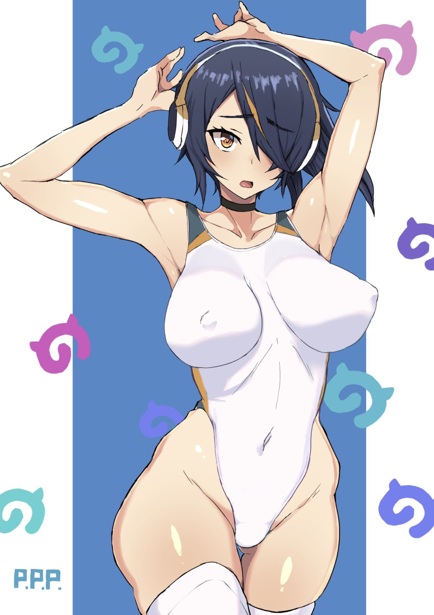 1girl, armpits, arms_up, ass_visible_through_thighs, black_hair, blue_background, breasts, brown_eyes