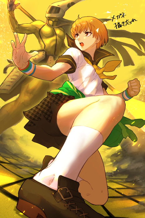 1girl, bike_shorts, breasts, brown_eyes, brown_hair, nekobayashi_(nekoforest), open_mouth, persona, persona_4, satonaka_chie, school_uniform, short_hair, skirt