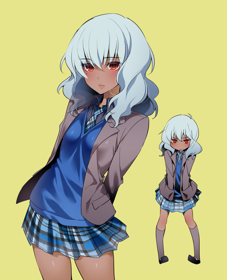 1girl, arms_behind_back, bangs, batman_(series), blazer, blue_hair, blush, chibi, closed_mouth, cowboy_shot, dark_skin, dc_comics, gotham_academy, hands_in_pockets, hizuki_akira, jacket, kneehighs, leaning, looking_at_viewer, mole, mole_under_eye, multiple_views, olive_silverlock, plaid, plaid_skirt, pleated_skirt, red_eyes, school_uniform, shiny, shiny_skin, skirt, yellow_background
