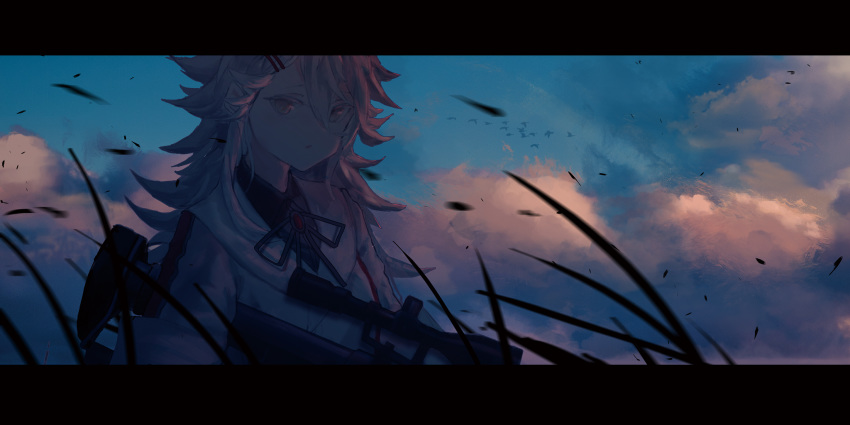 1girl, clouds, cloudy_sky, evening, gepard_m1, gepard_m1_(girls_frontline), girls_frontline, grey_hair