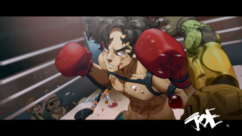 3boys, abs, black_hair, blood, blood_on_face, boxing_gloves, boxing_ring, brown_eyes