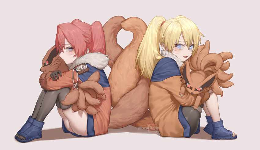 2girls, animal, back-to-back, beige_background, black_gloves, black_legwear, blonde_hair, blue_eyes, blue_footwear, blush, claws, closed_mouth, facial_mark, fang, filename10_txt, fox, fox_tail, genderswap, genderswap_(mtf), gloves, glowing, glowing_eyes, highres, holding, holding_animal, kurama_(naruto), long_hair, looking_at_another, multiple_girls, naruko, naruto, naruto_(series), open_mouth, parted_lips, red_eyes, redhead, simple_background, sitting, slit_pupils, smile, tail, twintails, twitter_username, violet_eyes, whisker_markings