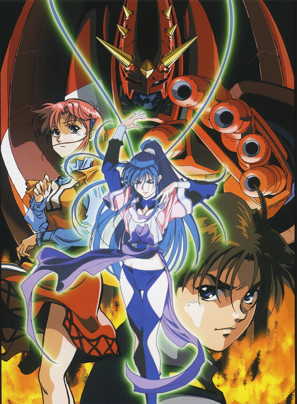 1990s_(style), 1boy, 2girls, arms_up, blue_hair, brown_hair, glowing, high_ponytail
