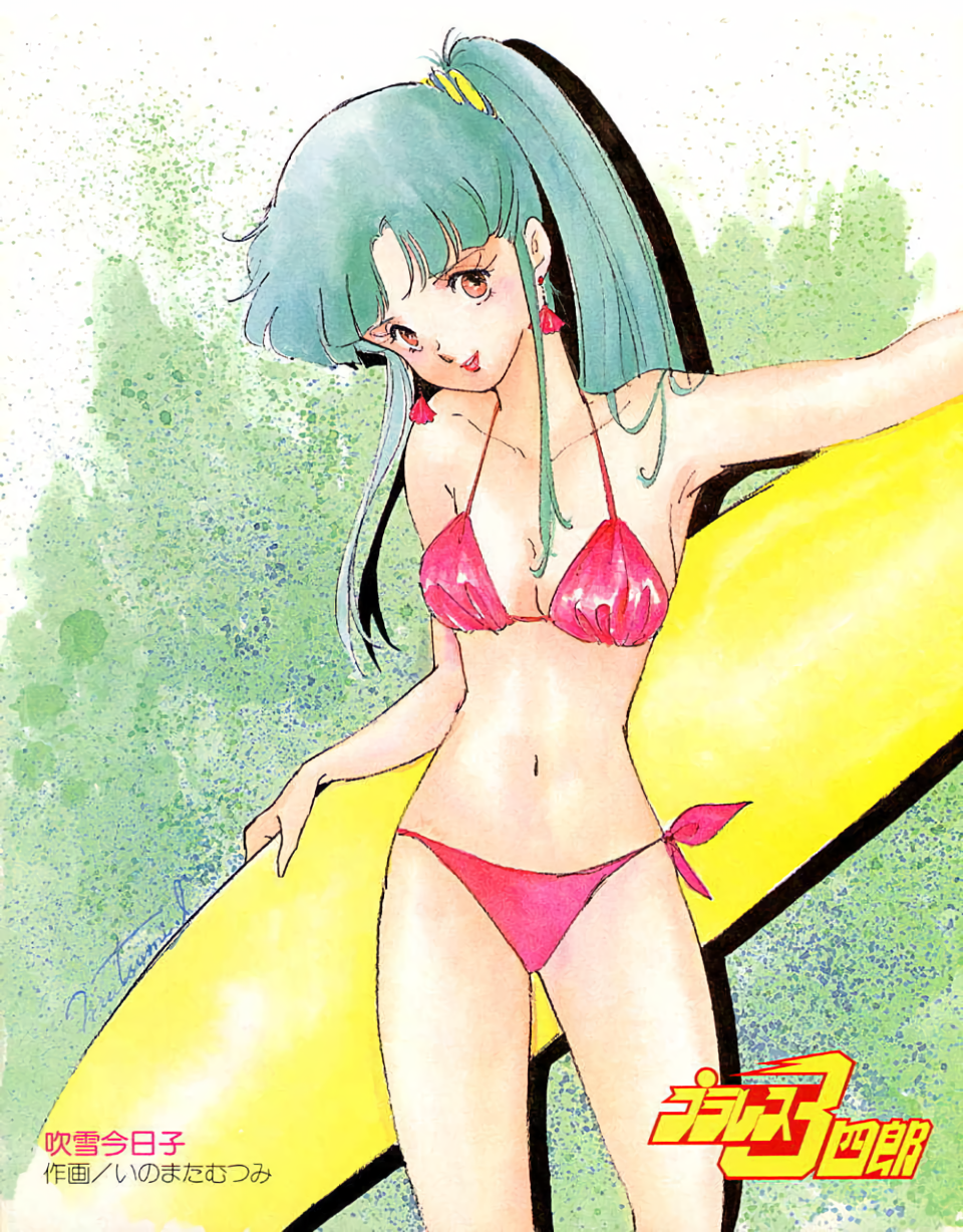 1980s_(style), 1girl, bikini, brown_eyes, cowboy_shot, drop_shadow, earrings, fubuki_kyouko