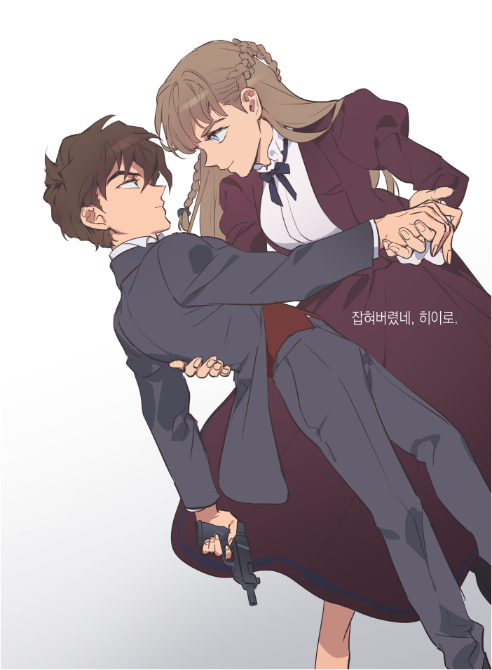 1boy, 1girl, bangs, blue_eyes, braid, brown_hair, couple, dancing, dipping, eye_contact, fishissnack, gun, gundam, gundam_wing, heero_yuy, hetero, holding, holding_gun, holding_hand, holding_weapon, long_hair, looking_at_another, relena_peacecraft, school_uniform, short_hair, simple_background, weapon, white_background