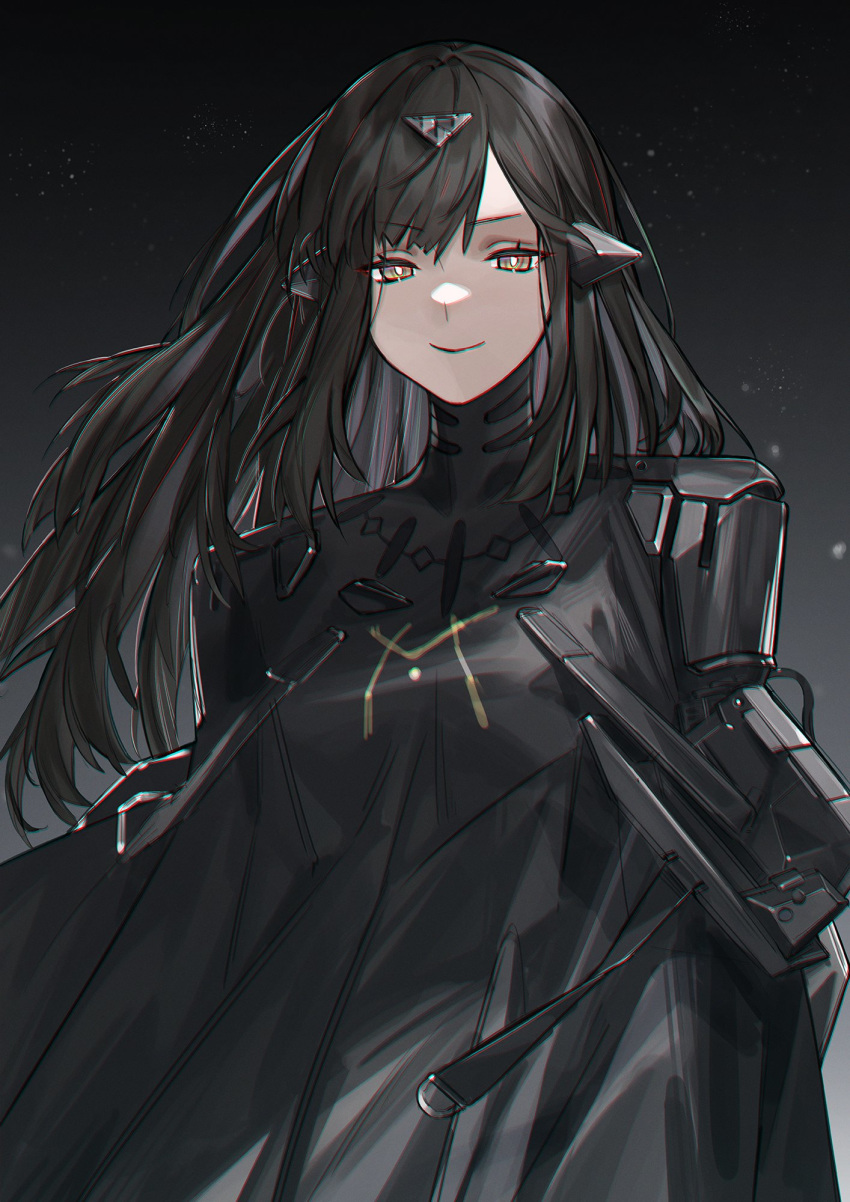 1girl, bangs, black_dress, black_hair, commentary, dress, girls_frontline, headgear
