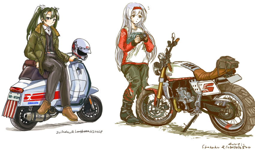 2girls, black_footwear, black_pants, black_vest, blush, boots, brown_eyes, brown_footwear