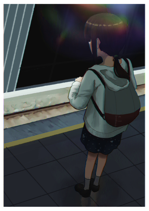 1girl, alternate_costume, backpack, bag, black_hair, blue_dress, casual, dress, from_behind, fubuki_(kantai_collection), full_body, grey_backpack, hood, hooded_sweater, kantai_collection, loafers, low_ponytail, shoes, short_ponytail, sidelocks, socks, solo, sweater, timmyyen, train_station, train_station_platform, white_sweater