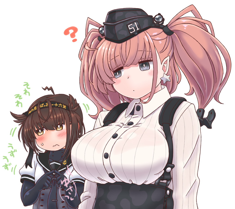 2girls, 3:, ?, anchor_hair_ornament, atlanta_(kantai_collection), bangs, black_eyes, black_hair