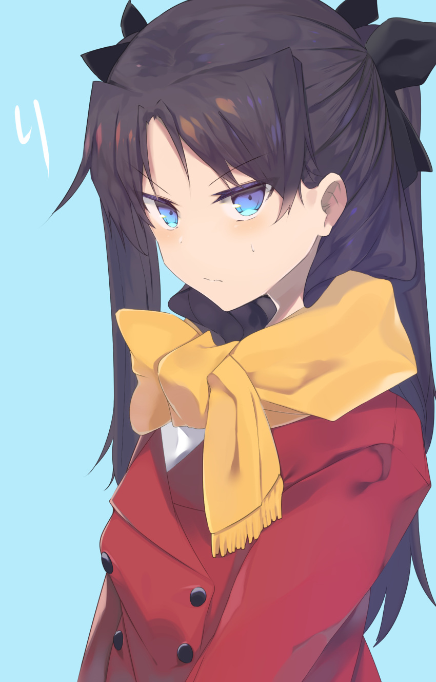 1girl, absurdres, bangs, black_hair, black_ribbon, blue_background, blue_eyes, blush