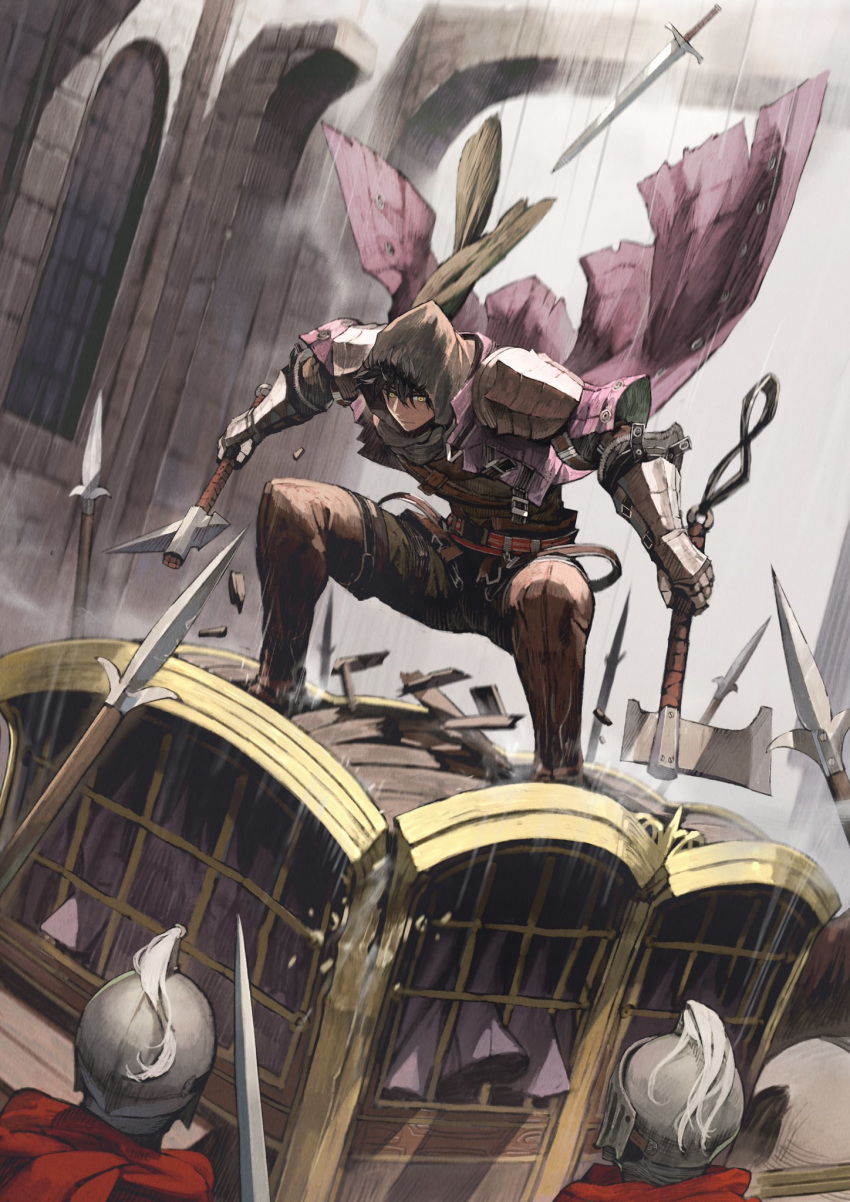 1boy, armor, axe, battle, belt, black_hair, cloak, dual_wielding