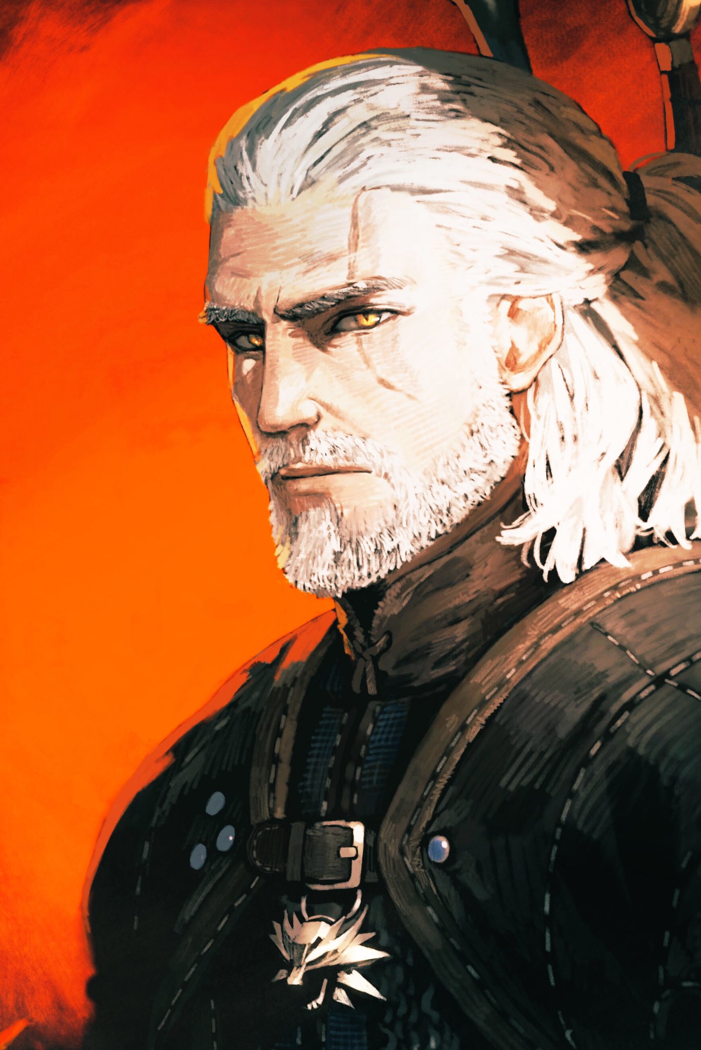 1boy, beard, facial_hair, geralt_of_rivia, highres, jun_(seojh1029), long_hair, male_focus