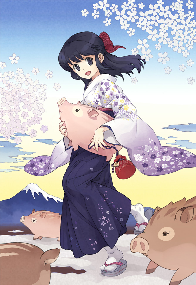 black_hair, boar, flower, hair_ribbon, hair_ribbons, happy, japanese_clothes, kimono, long_hair, pig, pigs, ribbon, ribbons, socks, tabi, tiv