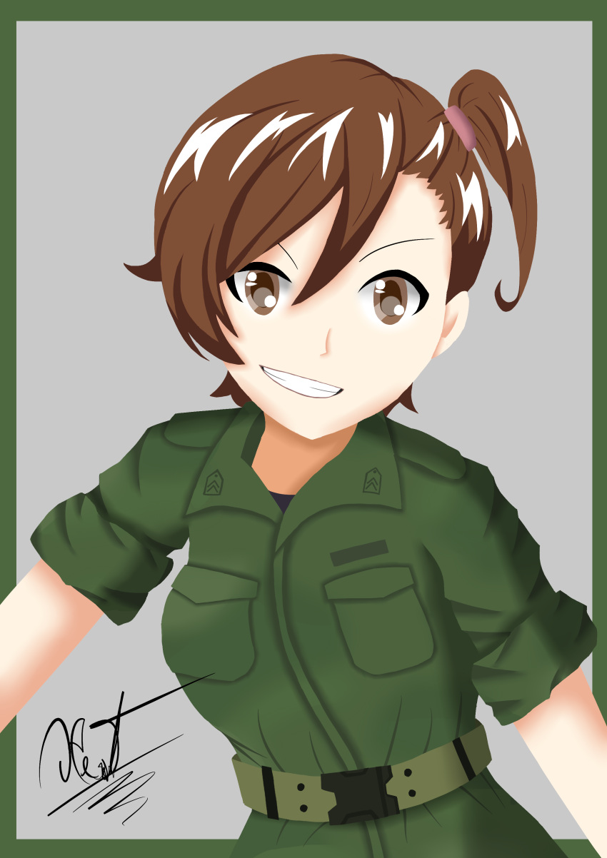 1girl, absurdres, belt, brown_eyes, brown_hair, gate_-_jieitai_ka_no_chi_nite_kaku_tatakaeri, grey_background, grin