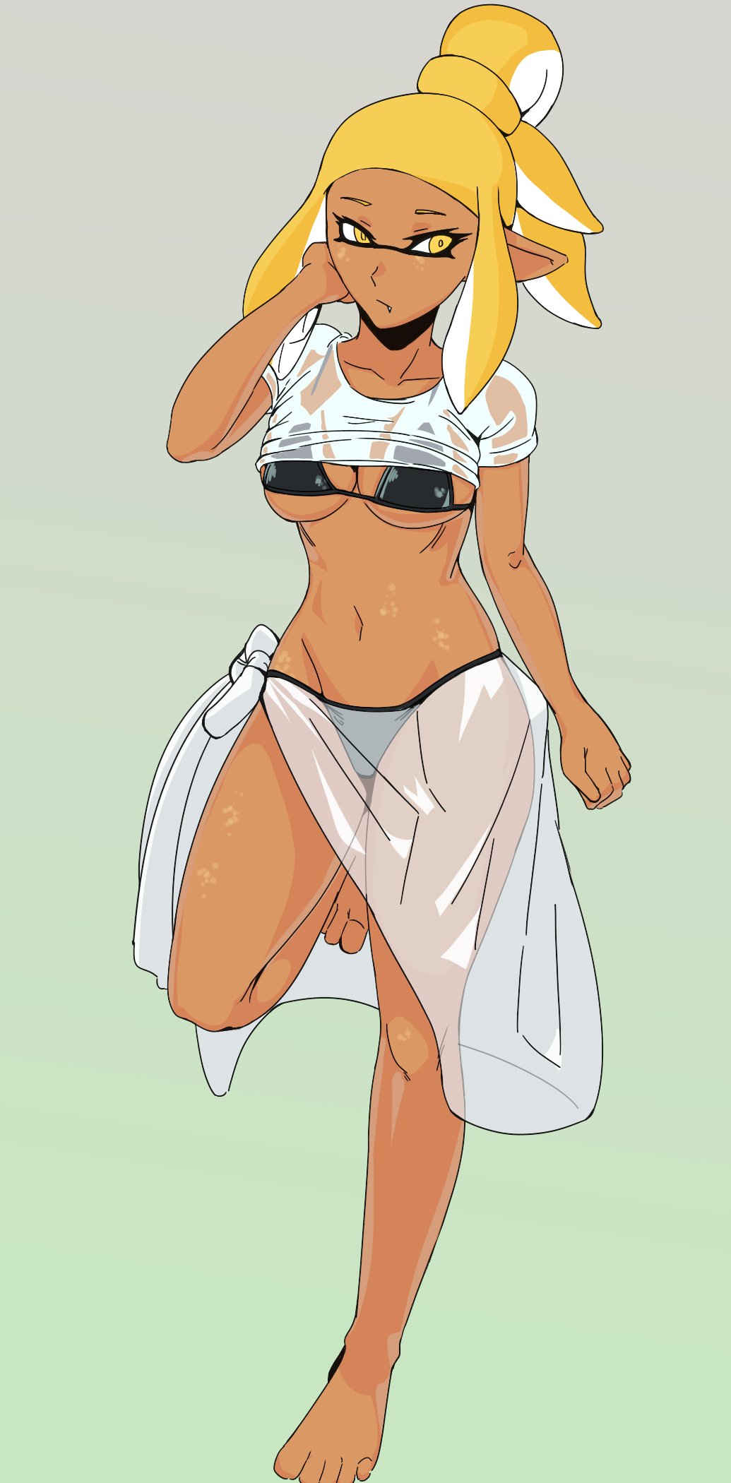 1girl, bare_shoulders, blonde_hair, breasts, closed_mouth, covered_nipples, dark_skin, domino_mask