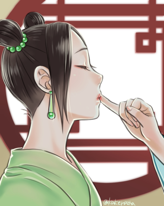 2girls, black_hair, chinese_clothes, clip_studio_paint_(medium), closed_eyes, double_bun, earrings, hair_bobbles