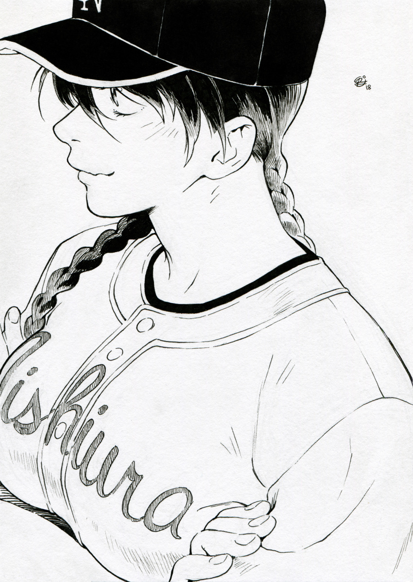 1girl, absurdres, baseball_cap, braid, chernotrav, crossed_arms, greyscale, hat